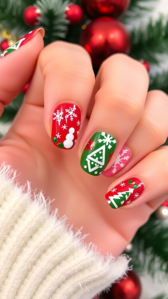Close-up of short Christmas-themed nail art with red, green, and white designs.